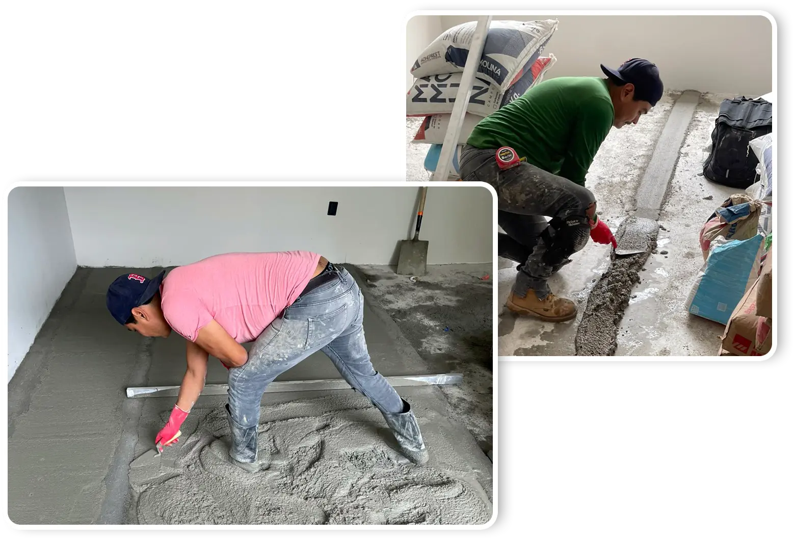 Trabajadores realizando nivelación de piso de concreto antes de instalar un nuevo recubrimiento.